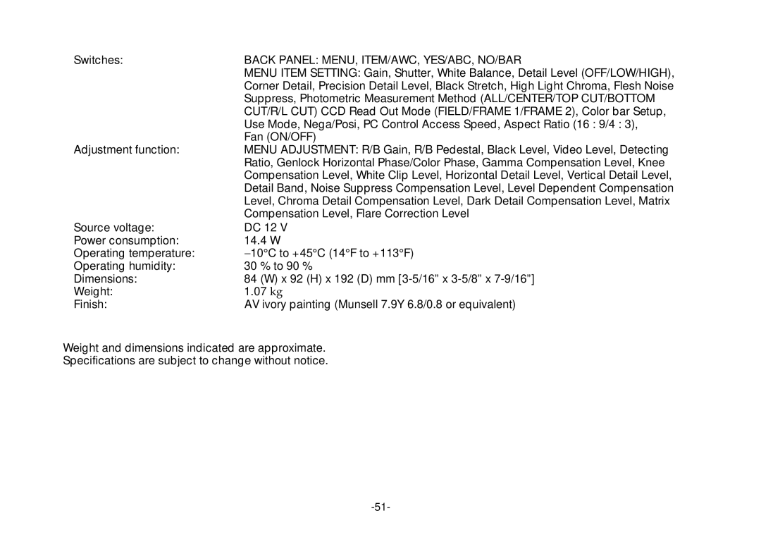 Panasonic AW-E800 manual Back Panel MENU, ITEM/AWC, YES/ABC, NO/BAR 