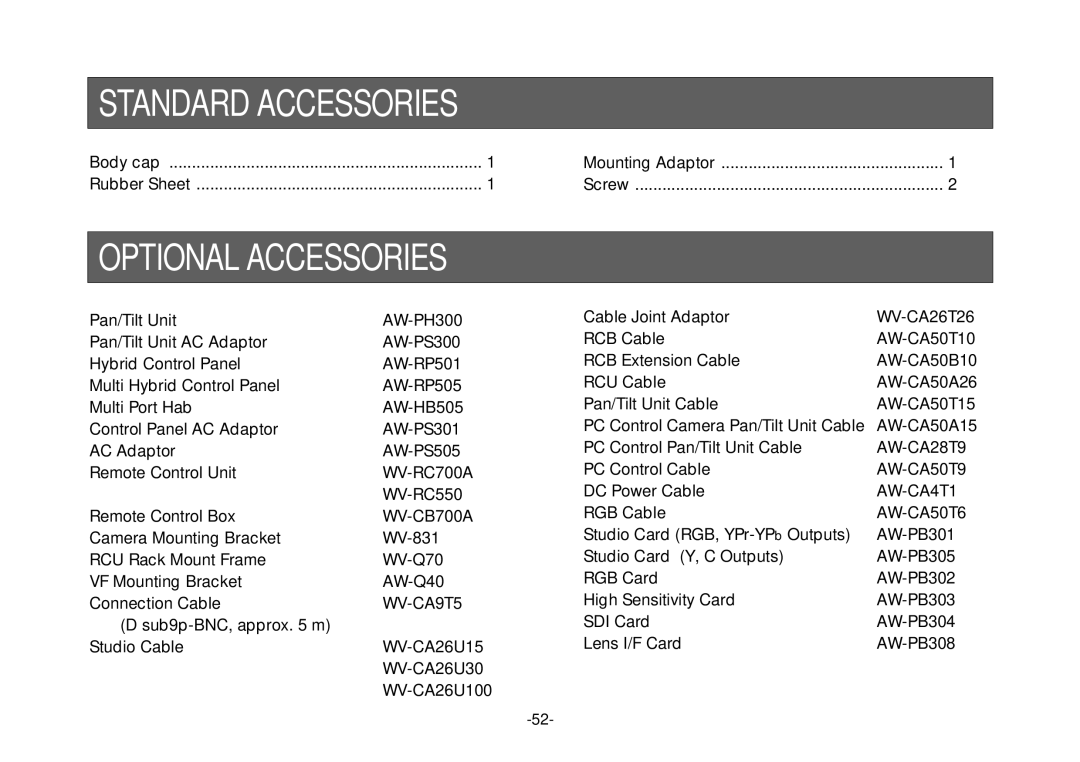 Panasonic AW-E800 manual Standard Accessories, Optional Accessories 