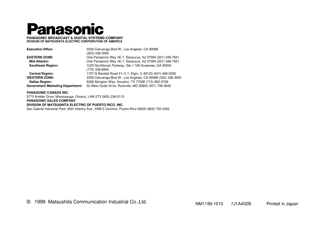 Panasonic AW-E800 manual NM1199-1010 7J1A402B 