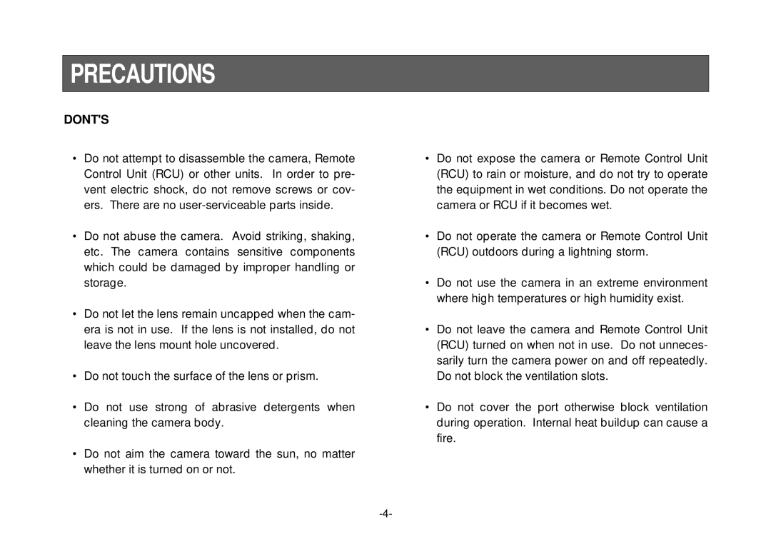 Panasonic AW-E800 manual Precautions, Donts 