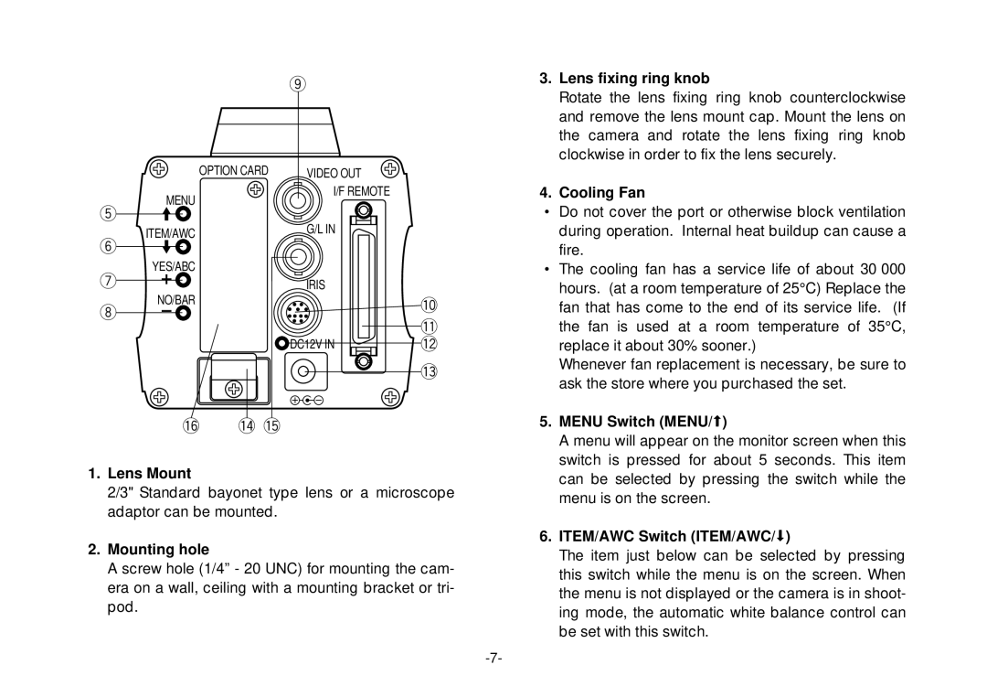 Panasonic AW-E800 manual Lens fixing ring knob, Cooling Fan, Lens Mount, Mounting hole, Menu Switch MENU/M 