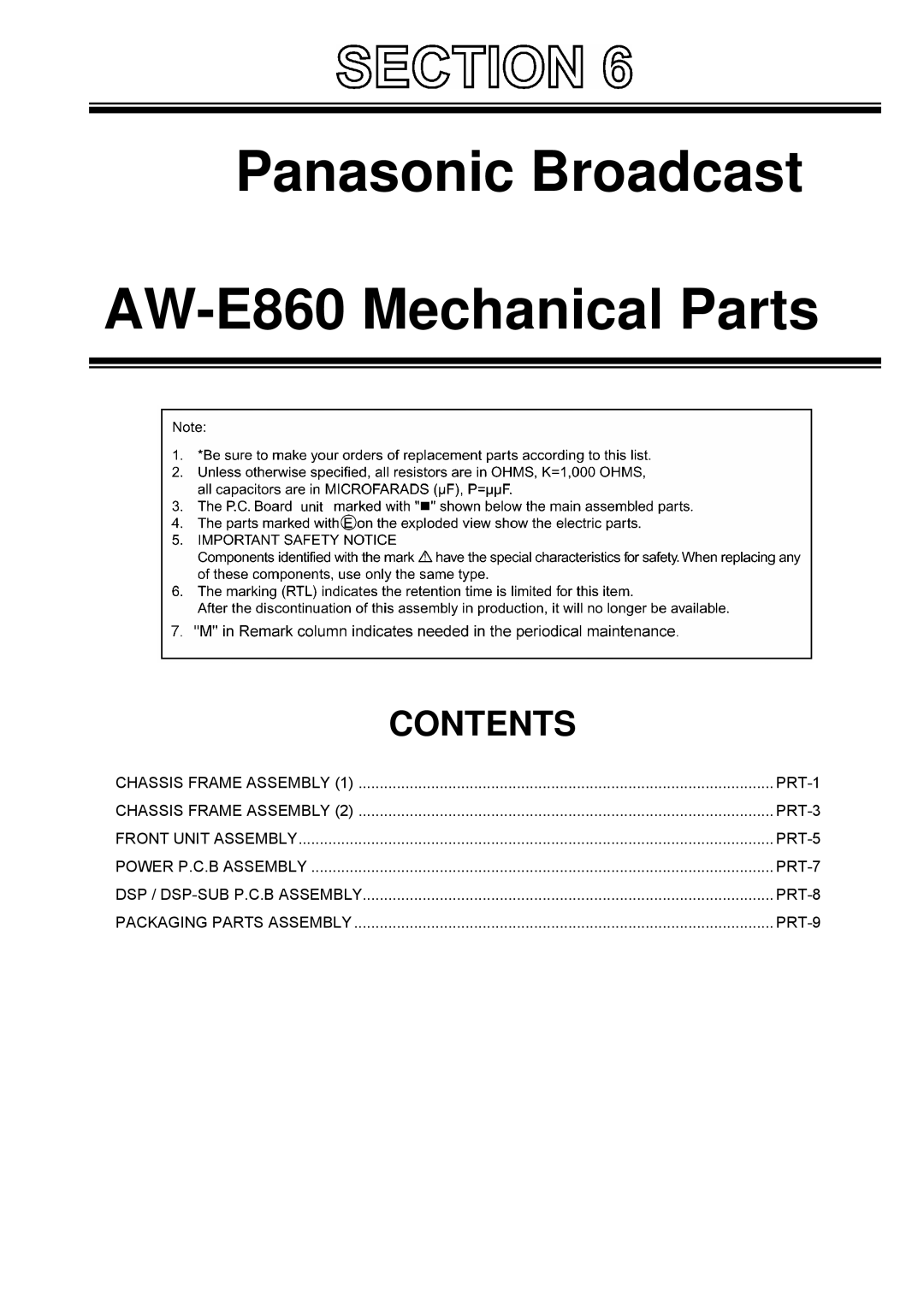 Panasonic manual Panasonic Broadcast AW-E860 Mechanical Parts 