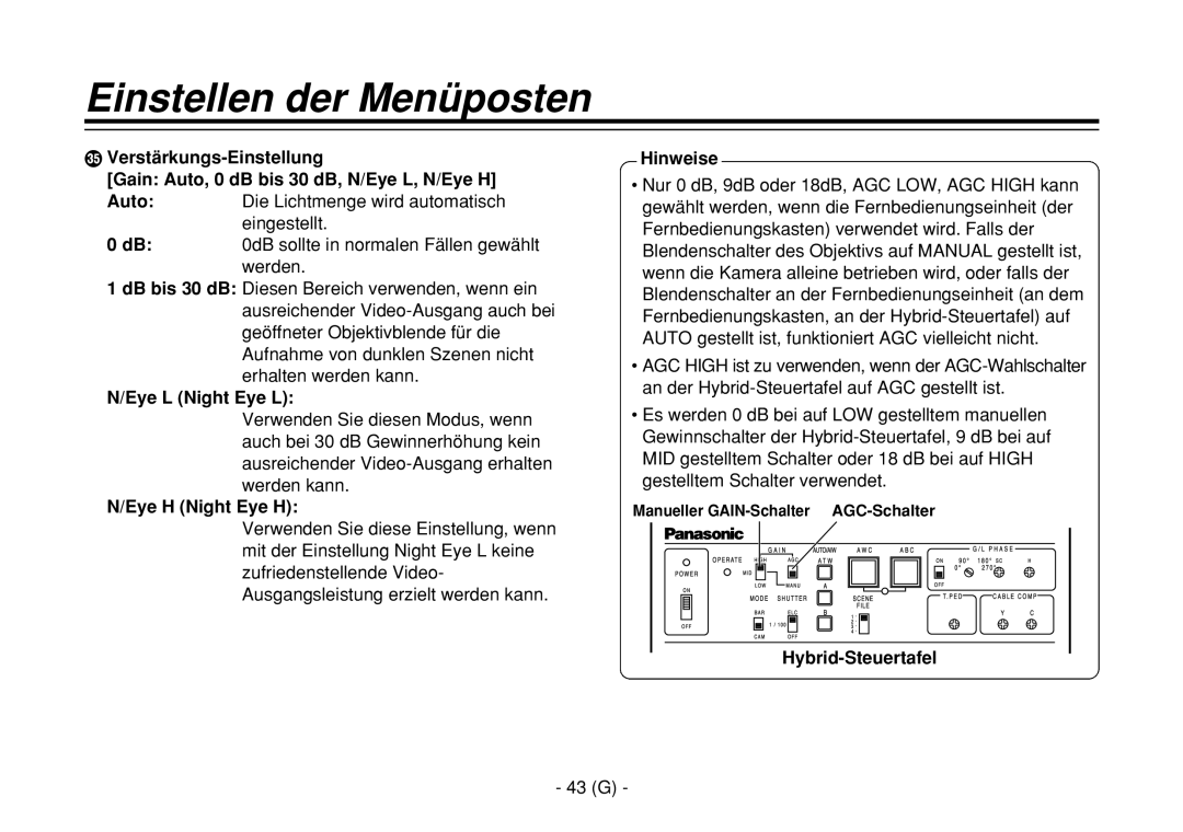 Panasonic AW-E860L manual 43 G, Manueller GAIN-Schalter AGC-Schalter 