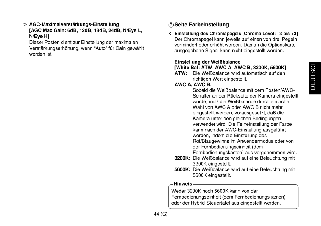 Panasonic AW-E860L manual Seite Farbeinstellung, 44 G 