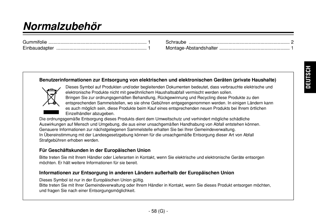 Panasonic AW-E860L manual Normalzubehör, Gummifolie Schraube Einbauadapter Montage-Abstandshalter, 58 G 