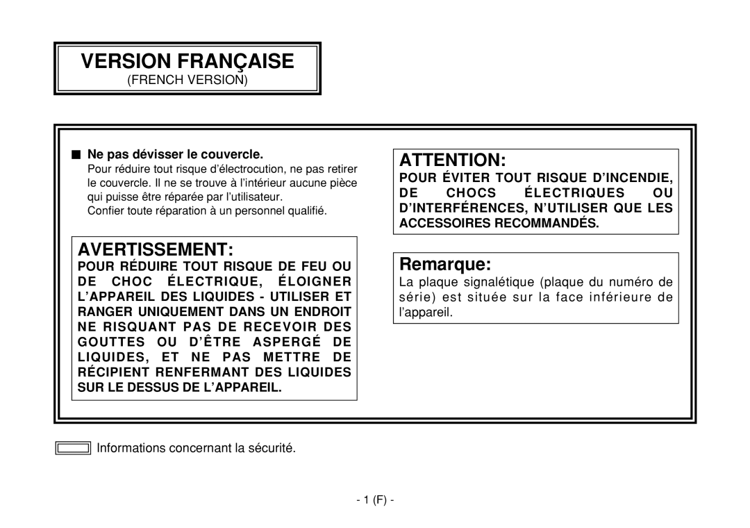 Panasonic AW-E860L manual $ Ne pas dévisser le couvercle, Confier toute réparation à un personnel qualifié 