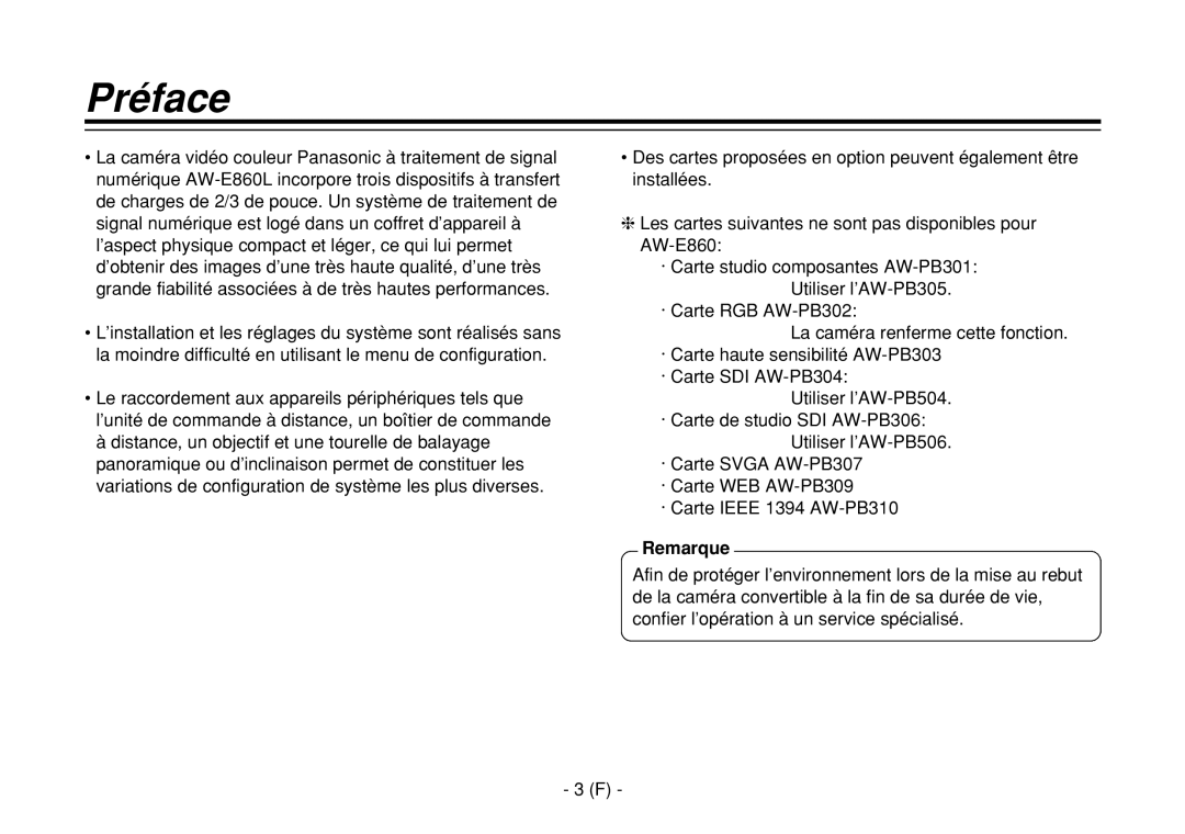 Panasonic AW-E860L manual Préface, Remarque 