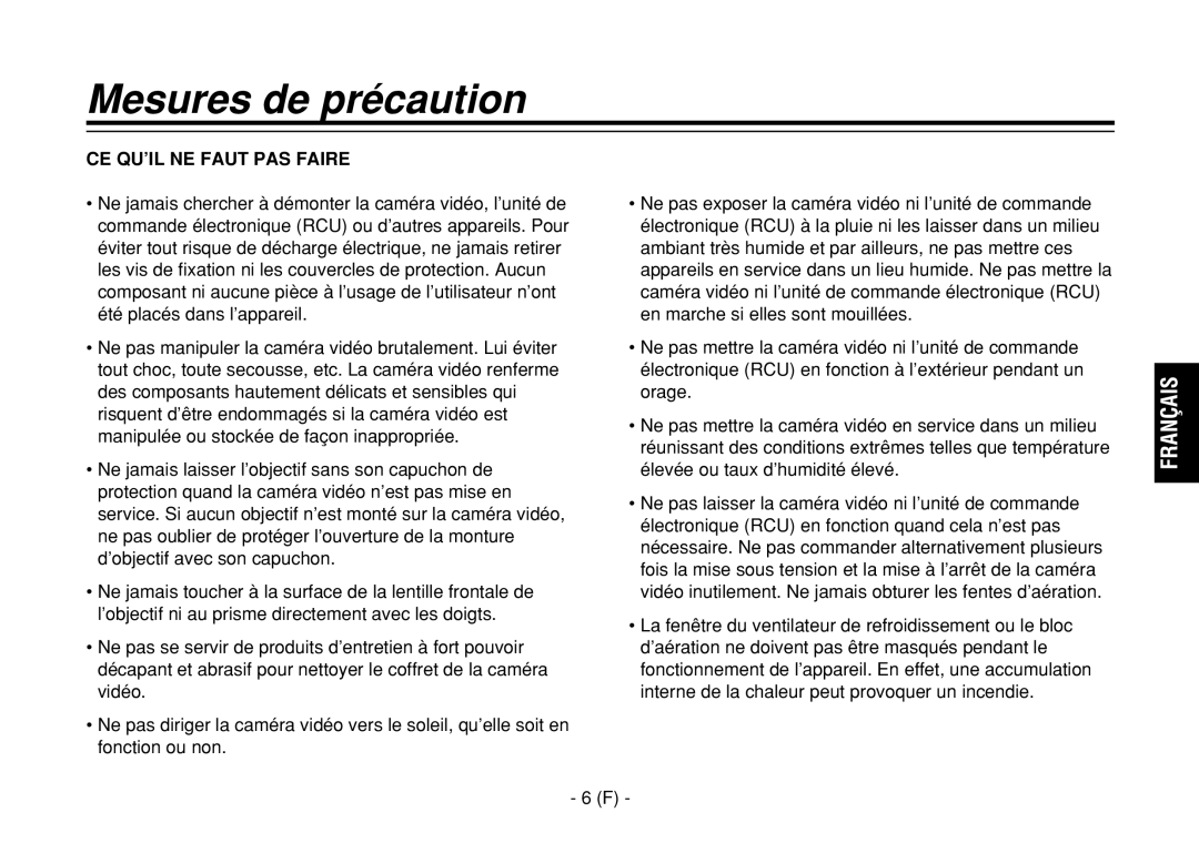 Panasonic AW-E860L manual Mesures de précaution, CE QU’IL NE Faut PAS Faire 