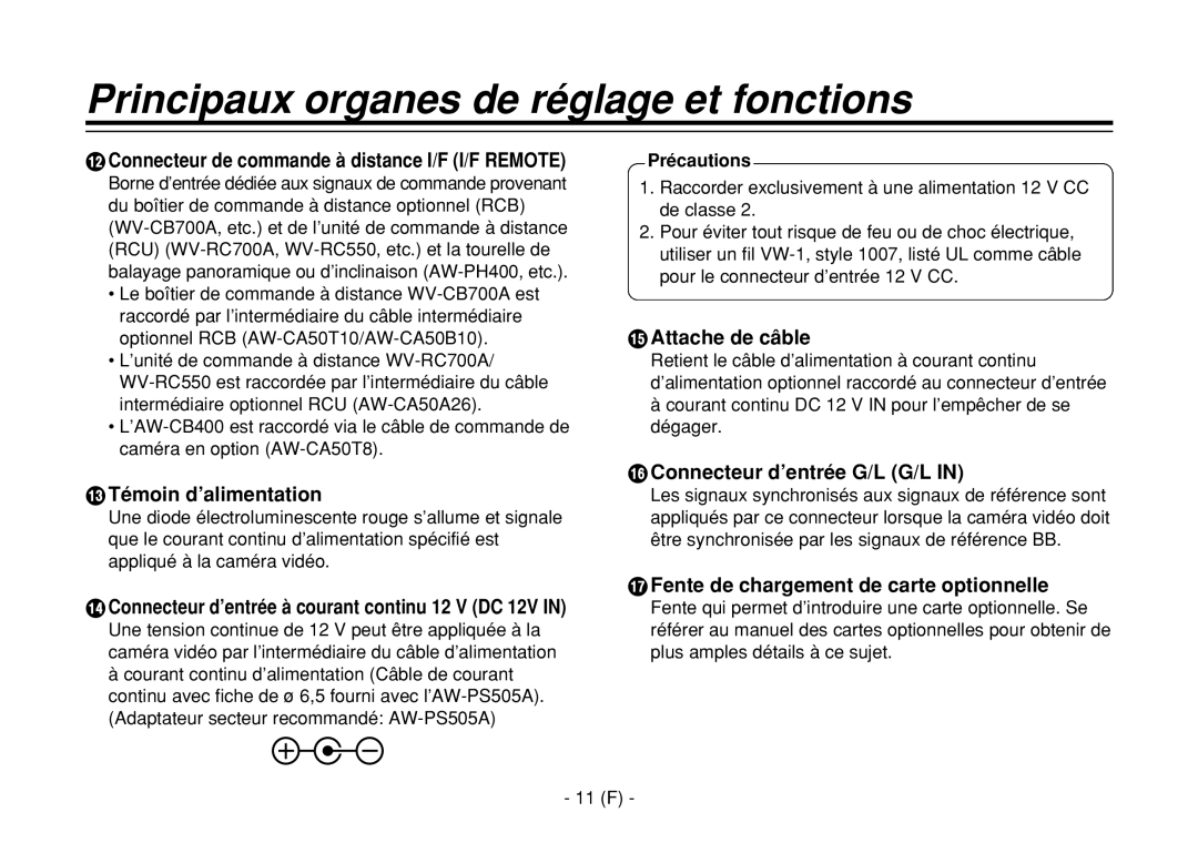 Panasonic AW-E860L manual Connecteur de commande à distance I/F I/F Remote, = Témoin d’alimentation, ? Attache de câble 