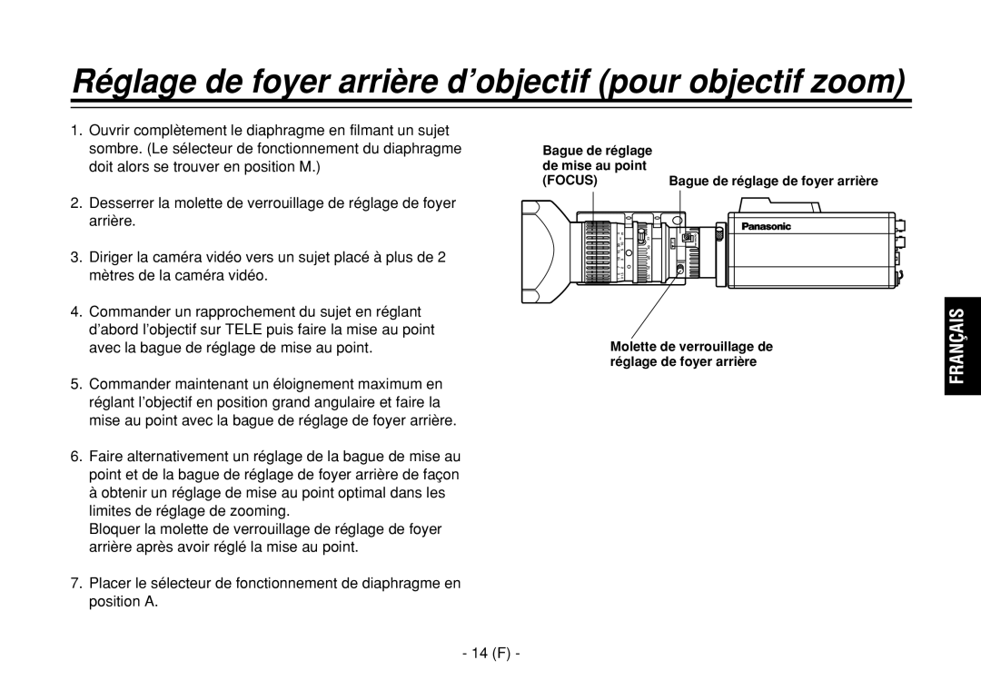 Panasonic AW-E860L Réglage de foyer arrière d’objectif pour objectif zoom, Avec la bague de réglage de mise au point, 14 F 