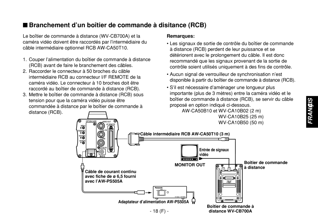 Panasonic AW-E860L manual $ Branchement d’un boîtier de commande à disitance RCB, 18 F, Distance 