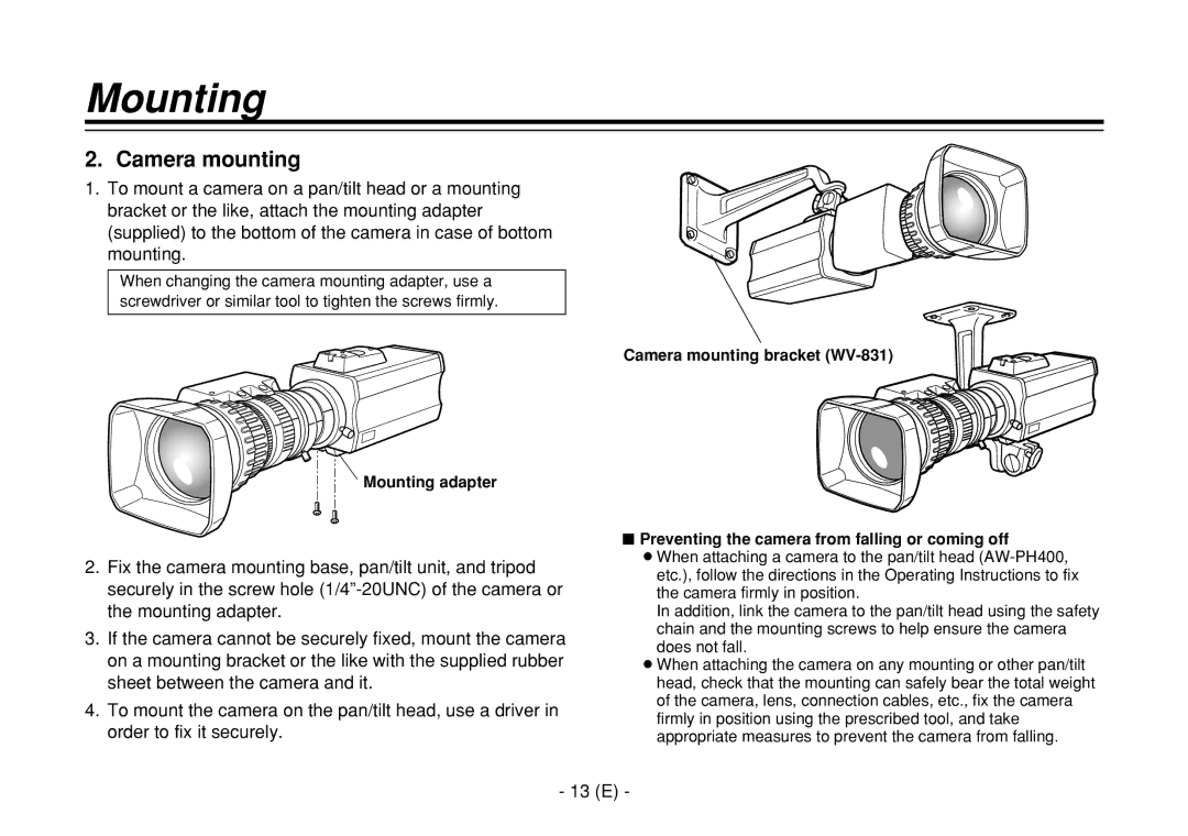 Panasonic AW-E860L manual Camera mounting, 13 E, Mounting adapter 