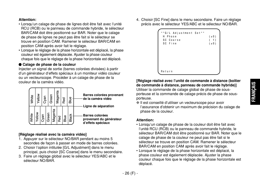 Panasonic AW-E860L manual 26 F, Calage de phase de la couleur 