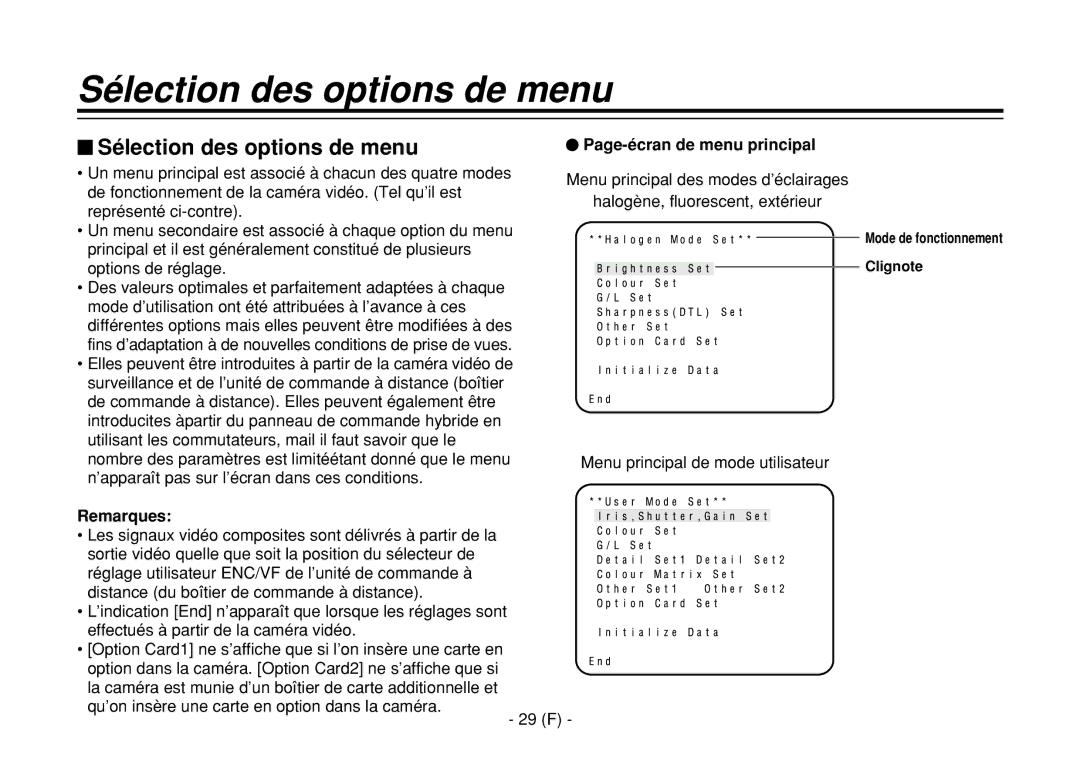 Panasonic AW-E860L manual $ Sélection des options de menu, Page-écran de menu principal 