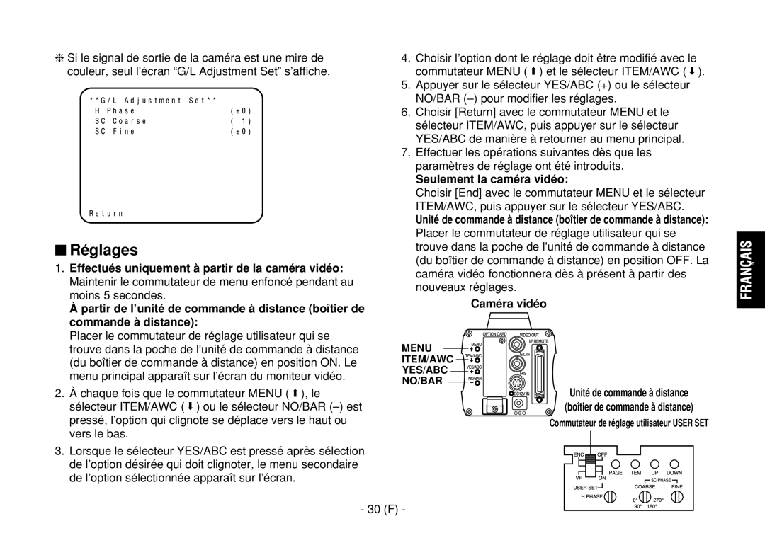 Panasonic AW-E860L manual $ Réglages, Seulement la caméra vidéo, 30 F 