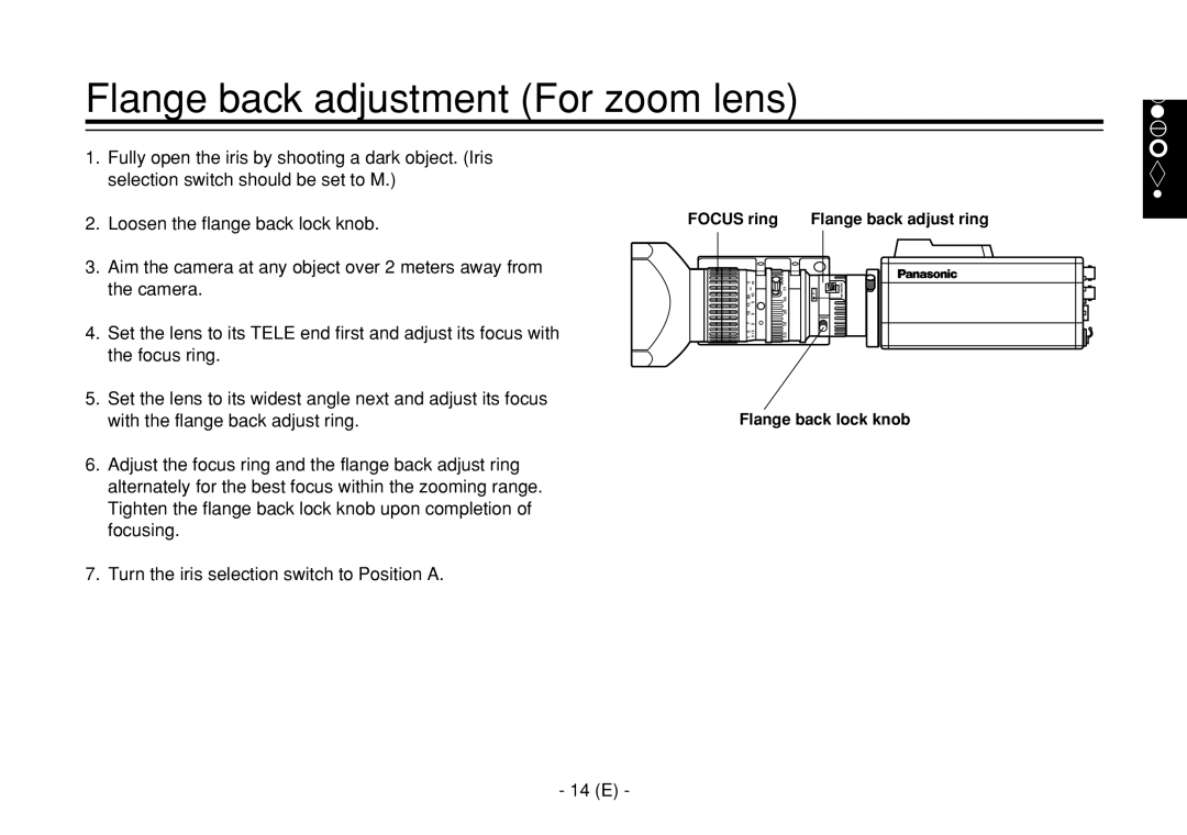 Panasonic AW-E860L manual Flange back adjustment For zoom lens, Turn the iris selection switch to Position a 14 E 