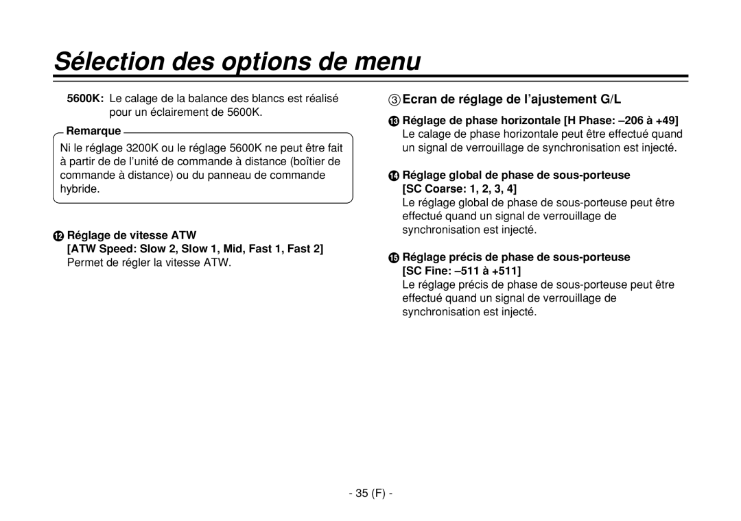 Panasonic AW-E860L manual Ecran de réglage de l’ajustement G/L, Réglage global de phase de sous-porteuse SC Coarse 1, 2, 3 