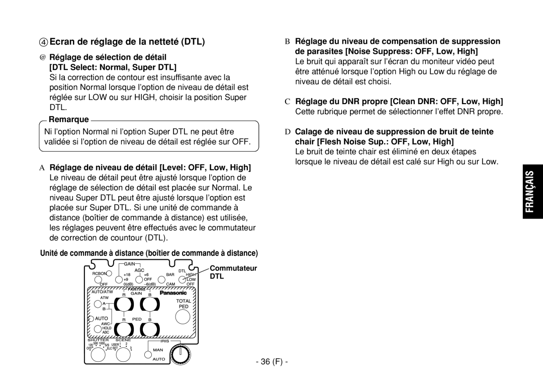 Panasonic AW-E860L manual Ecran de réglage de la netteté DTL, 36 F 