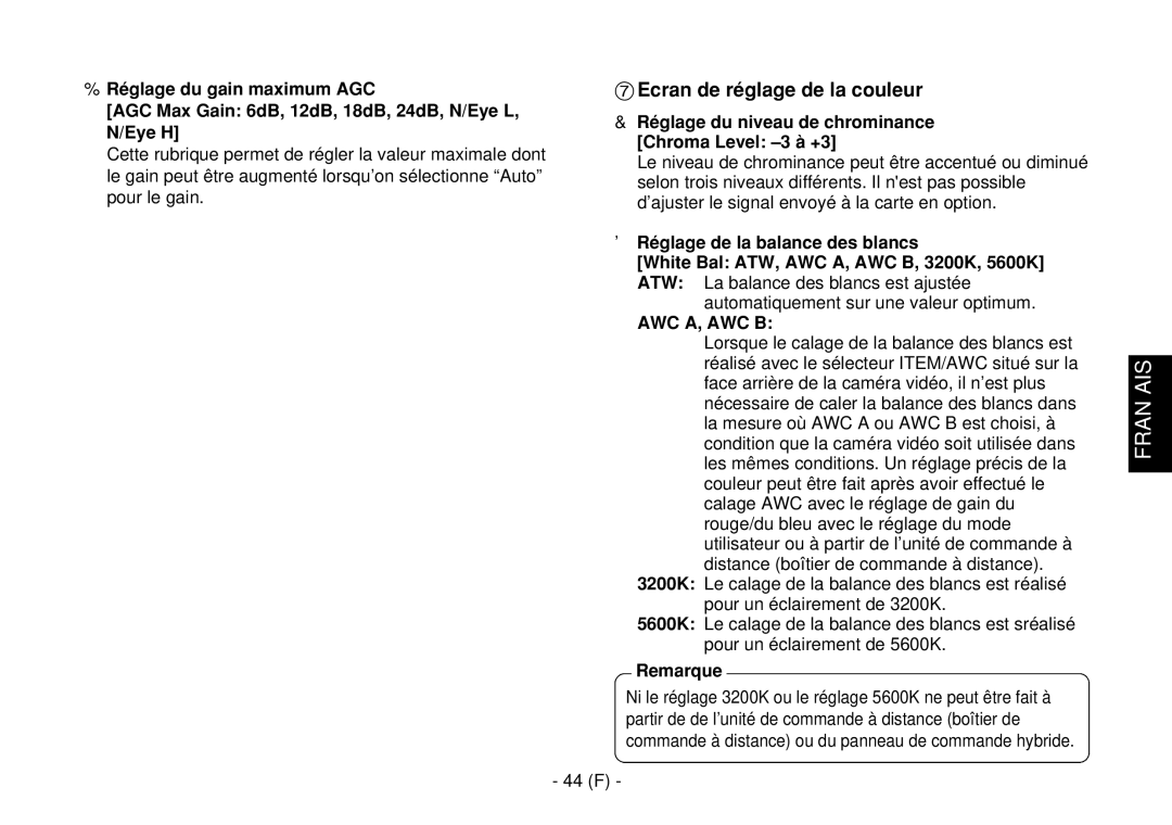 Panasonic AW-E860L manual Ecran de réglage de la couleur, 44 F 