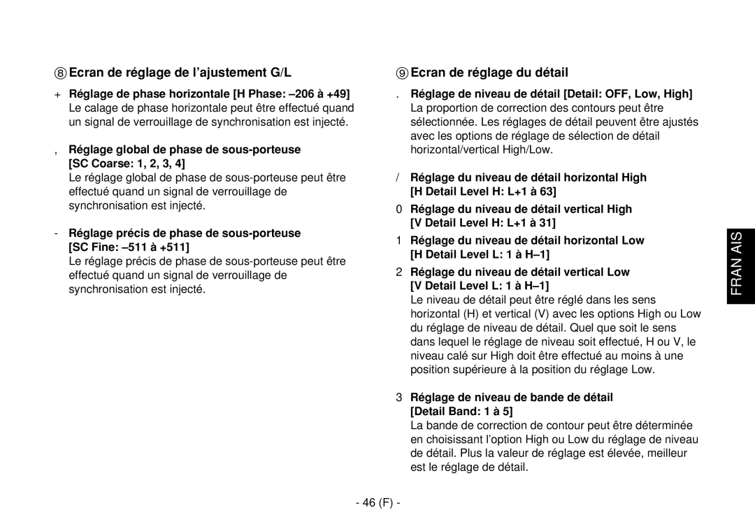 Panasonic AW-E860L manual Ecran de réglage du détail, Réglage de niveau de bande de détail Detail Band 1 à, 46 F 