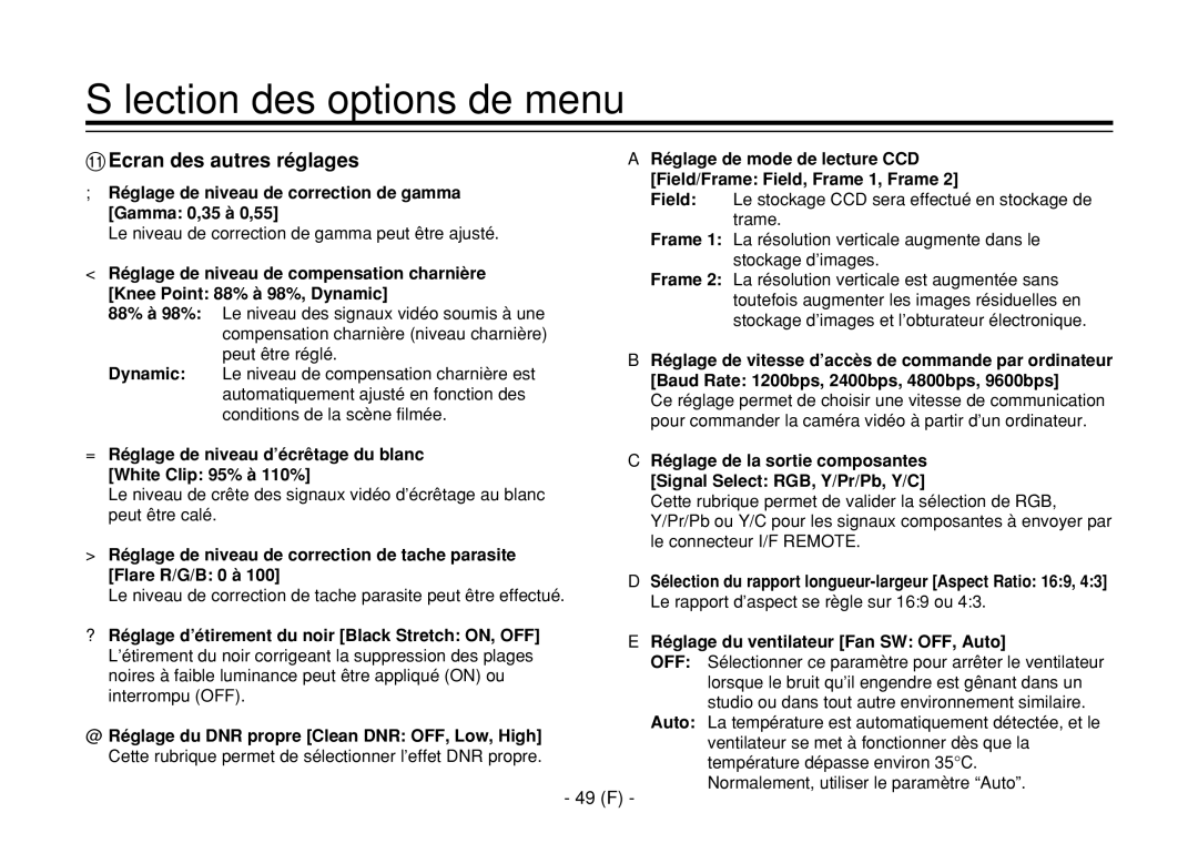 Panasonic AW-E860L manual 49 F, Réglage de niveau de correction de gamma Gamma 0,35 à 0,55 