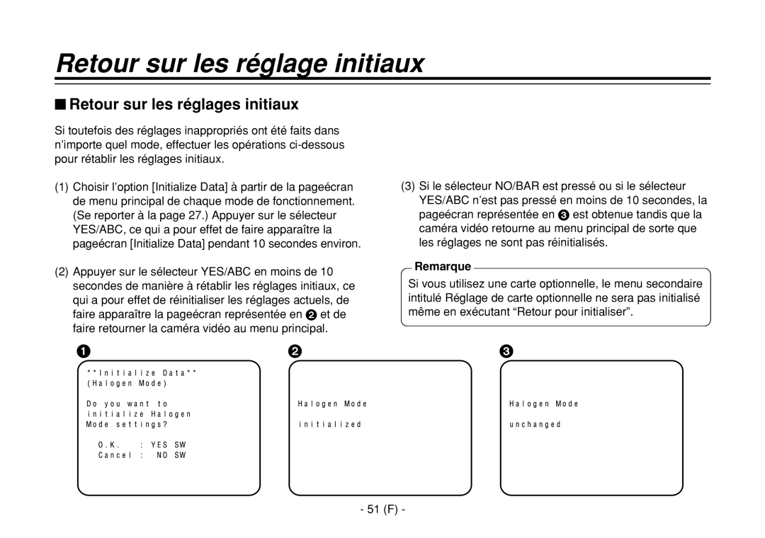 Panasonic AW-E860L manual Retour sur les réglage initiaux, $ Retour sur les réglages initiaux, 51 F 