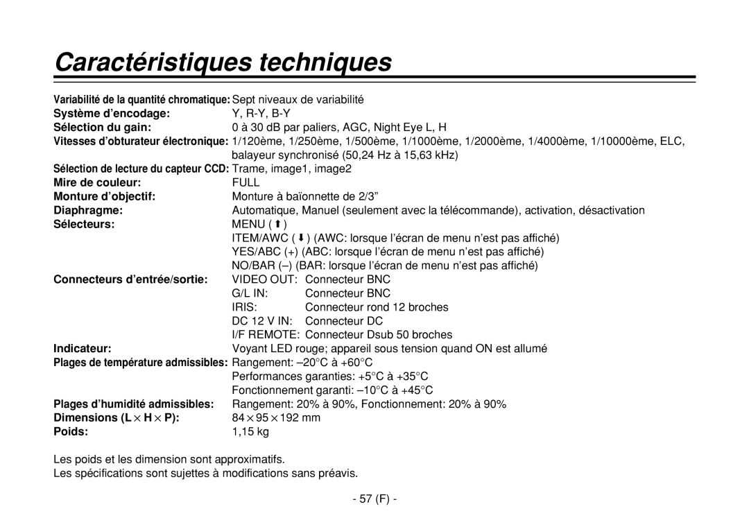 Panasonic AW-E860L Sélection du gain, Sélection de lecture du capteur CCD Trame, image1, image2, Mire de couleur, Poids 