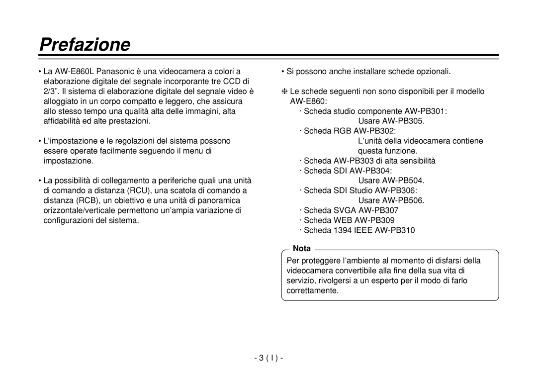 Panasonic AW-E860L manual Prefazione, Nota 