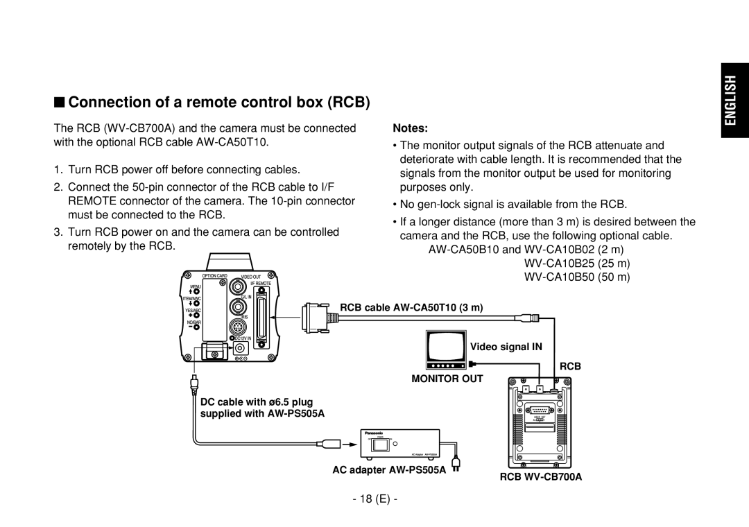 Panasonic AW-E860L manual $ Connection of a remote control box RCB, 18 E, RCB cable AW-CA50T10 3 m Video signal 