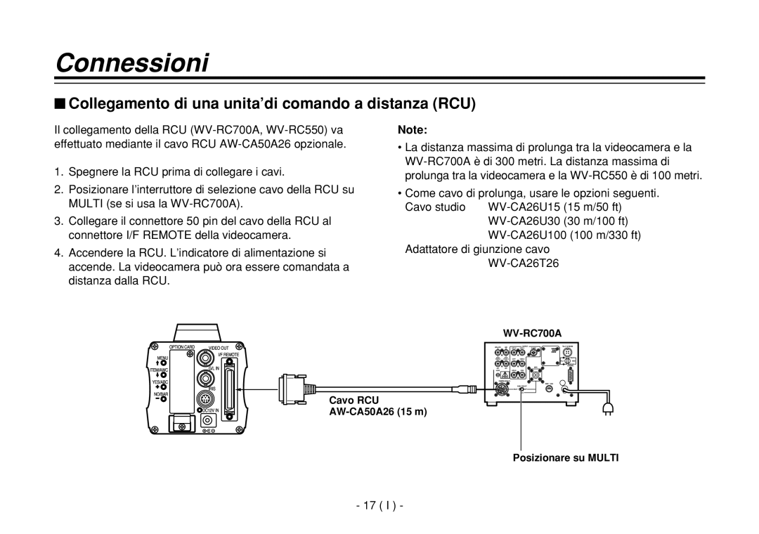 Panasonic AW-E860L $ Collegamento di una unita’di comando a distanza RCU, Cavo RCU AW-CA50A26 15 m Posizionare su Multi 