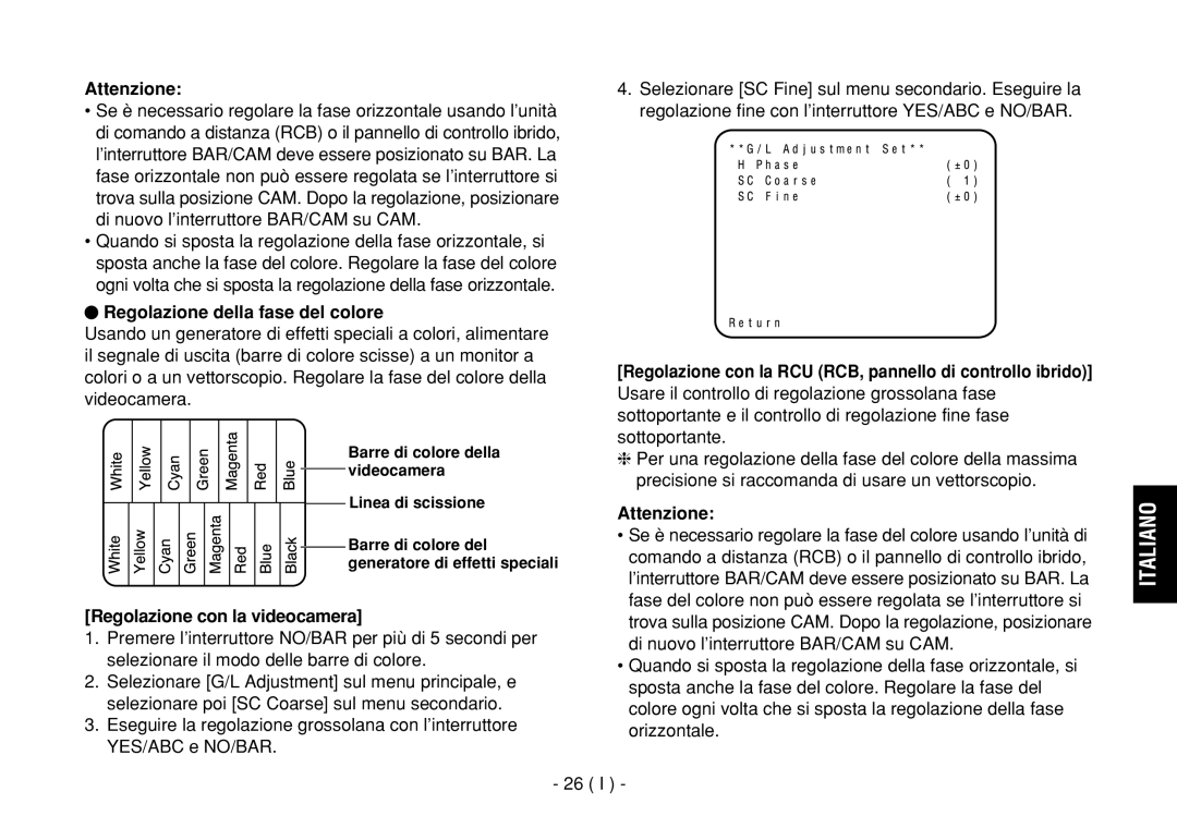 Panasonic AW-E860L manual Regolazione della fase del colore, Barre di colore della videocamera Linea di scissione 