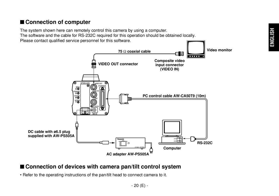 Panasonic AW-E860L manual $ Connection of computer, $ Connection of devices with camera pan/tilt control system, 20 E 