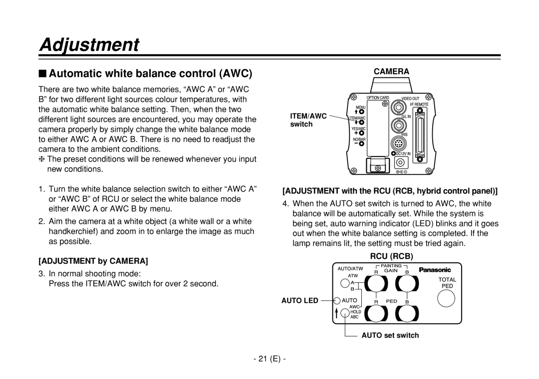 Panasonic AW-E860L manual $ Automatic white balance control AWC, Adjustment by Camera, 21 E 