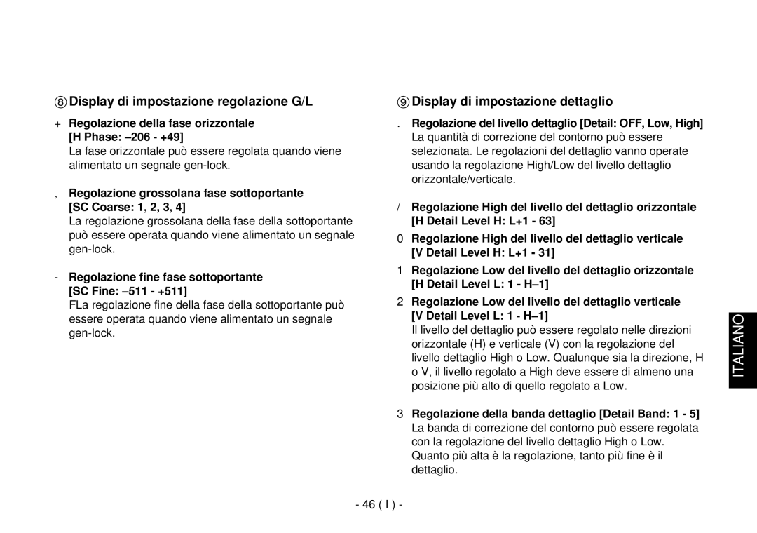 Panasonic AW-E860L manual Display di impostazione dettaglio, Regolazione della fase orizzontale H Phase -206 +49 