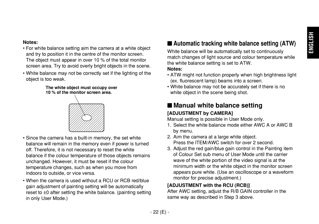 Panasonic AW-E860L manual $ Manual white balance setting, $ Automatic tracking white balance setting ATW, 22 E 