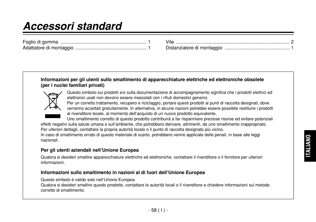 Panasonic AW-E860L manual Accessori standard, Per gli utenti aziendali nell’Unione Europea 