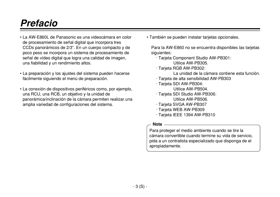 Panasonic AW-E860L manual Prefacio, Nota 