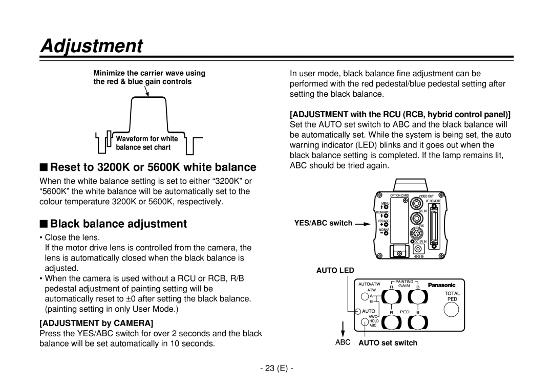 Panasonic AW-E860L manual $ Reset to 3200K or 5600K white balance, $ Black balance adjustment, 23 E, YES/ABC switch 