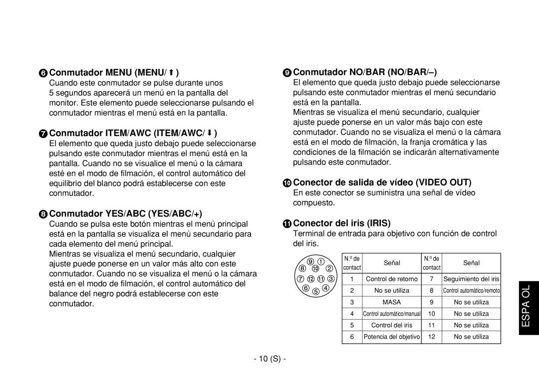 Panasonic AW-E860L manual Conmutador Menu MENU/A, Conmutador ITEM/AWC ITEM/AWC/S, Conmutador YES/ABC YES/ABC/+ 