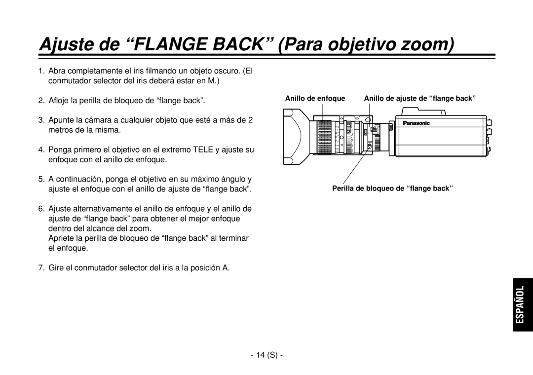 Panasonic AW-E860L manual Ajuste de Flange Back Para objetivo zoom, 14 S 