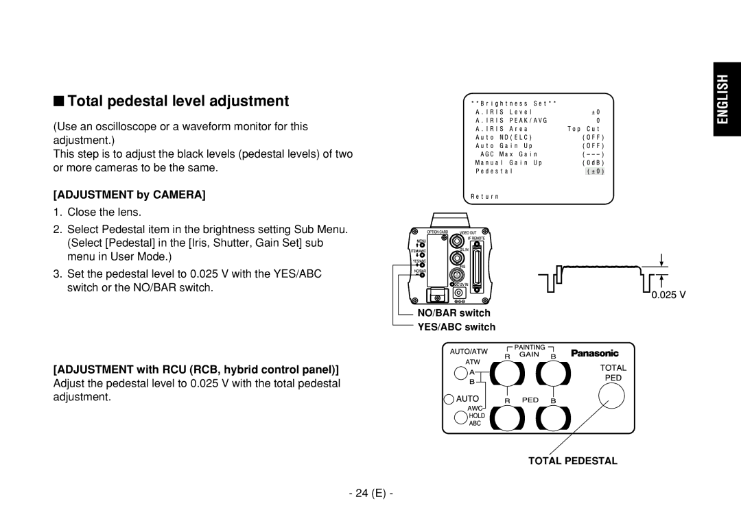 Panasonic AW-E860L $ Total pedestal level adjustment, Adjustment with RCU RCB, hybrid control panel, 24 E, NO/BAR switch 