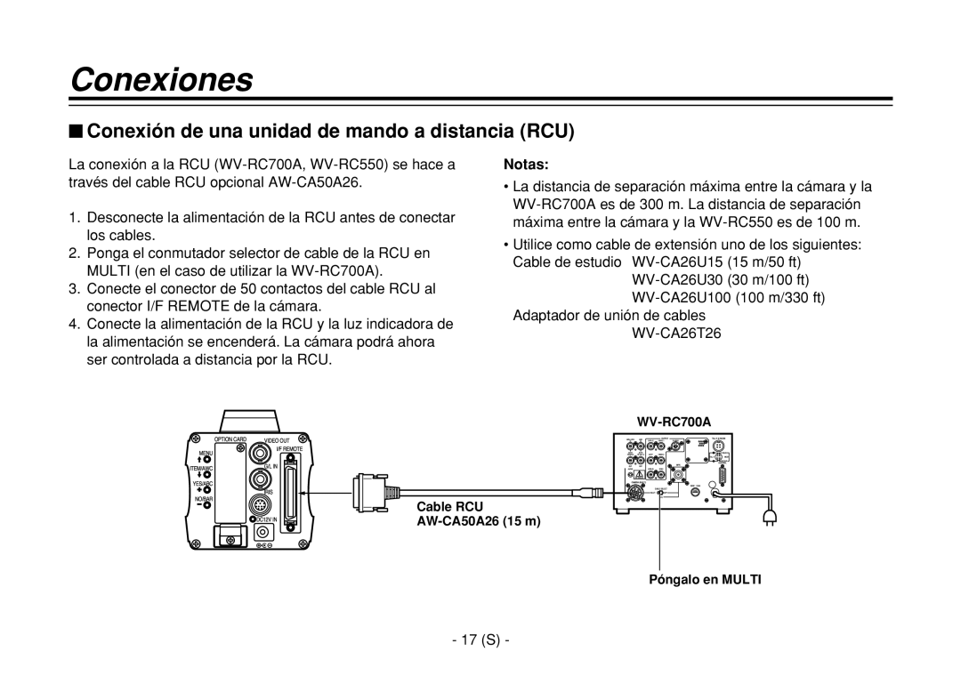 Panasonic AW-E860L manual $ Conexión de una unidad de mando a distancia RCU, Notas, 17 S 