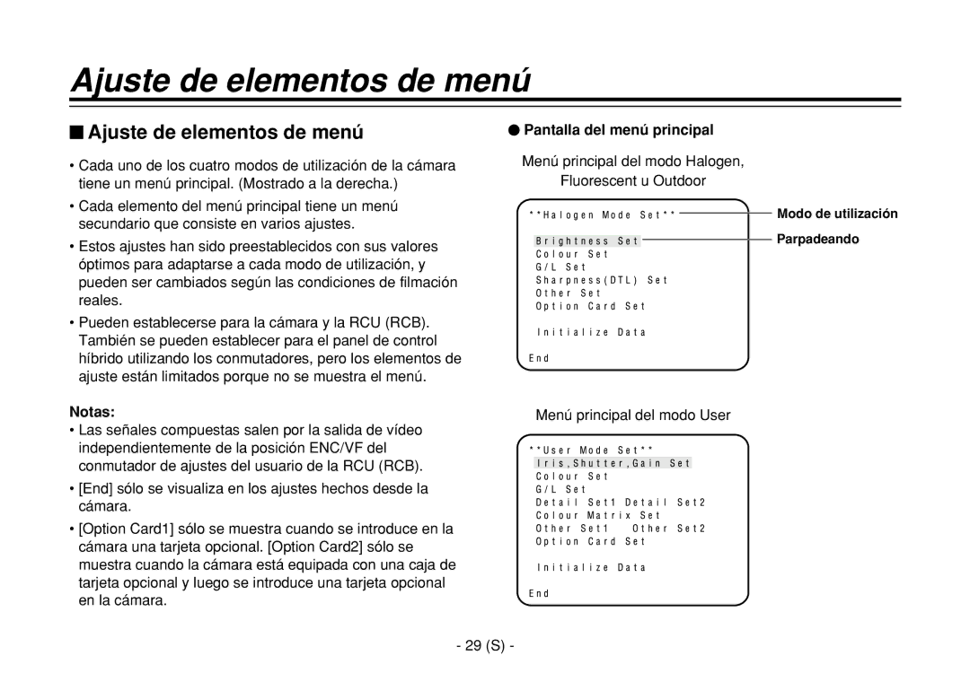 Panasonic AW-E860L manual $ Ajuste de elementos de menú, Pantalla del menú principal, Menú principal del modo User 29 S 