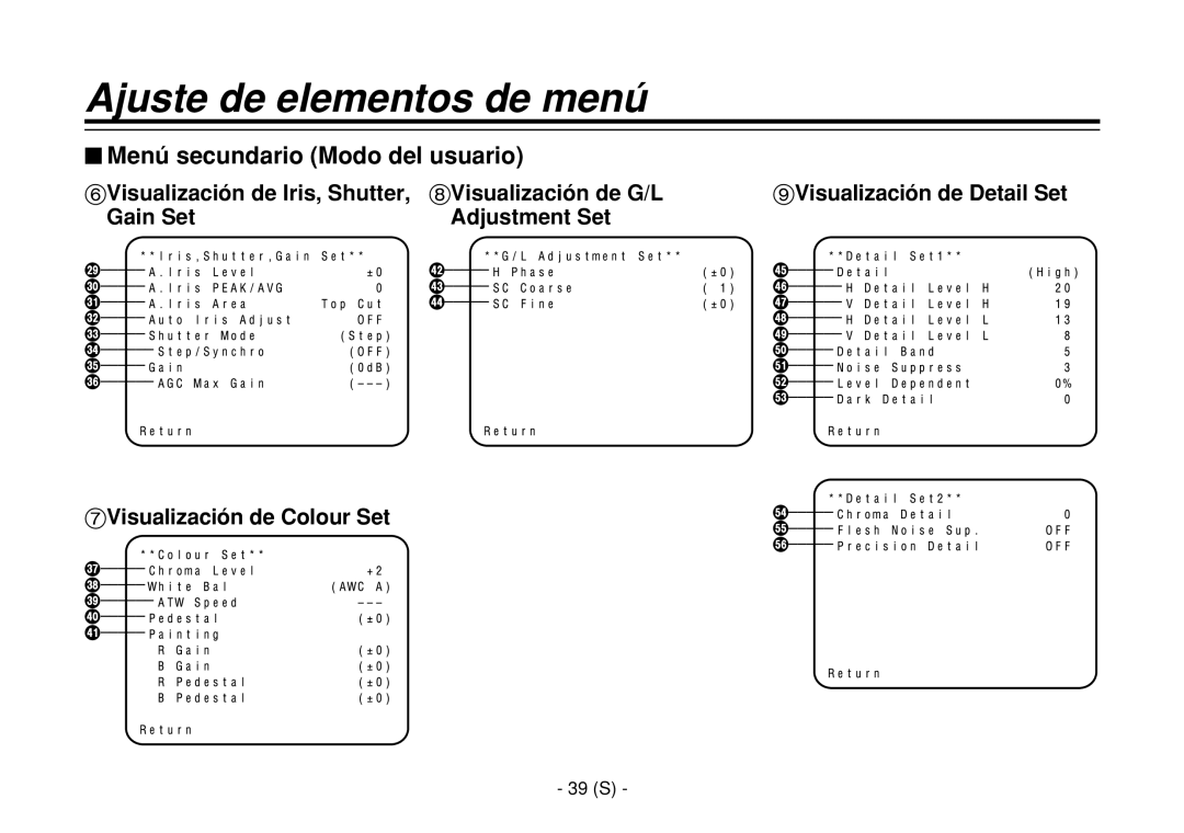 Panasonic AW-E860L manual $ Menú secundario Modo del usuario, 39 S 