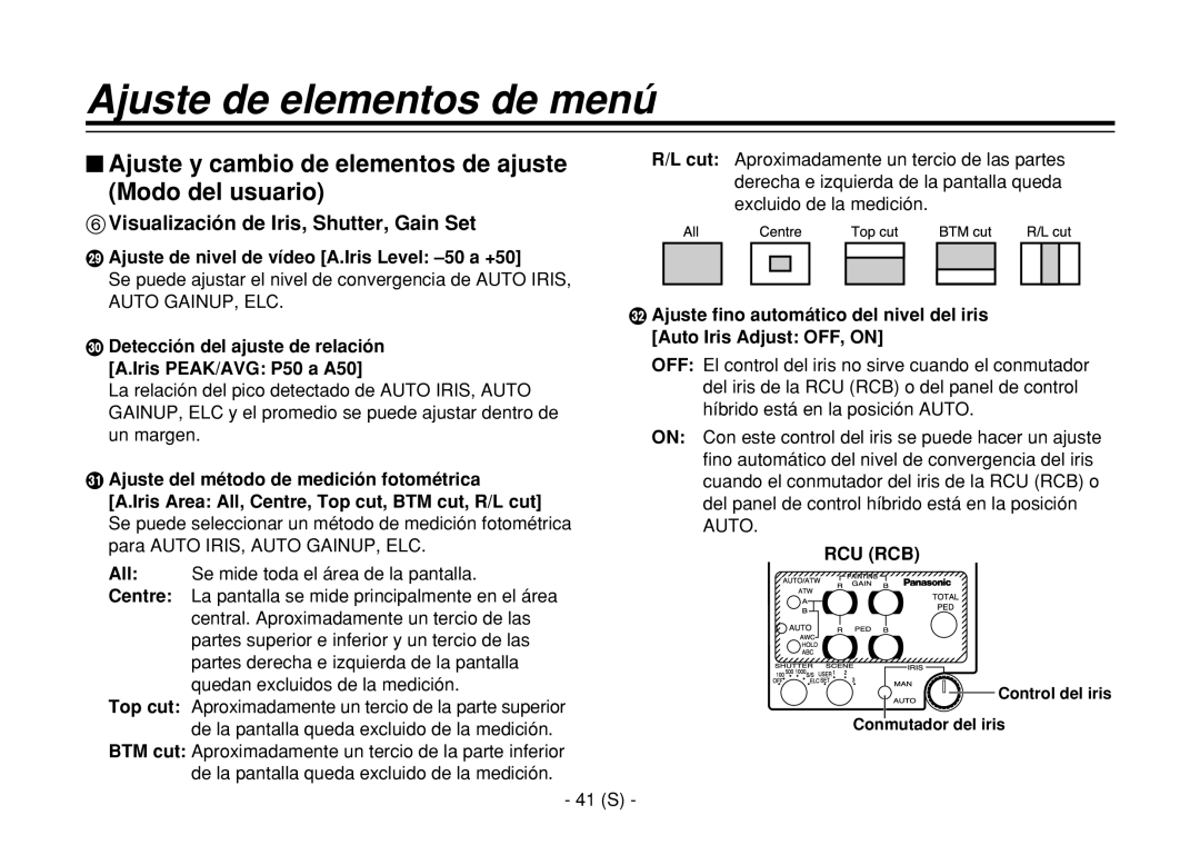 Panasonic AW-E860L $ Ajuste y cambio de elementos de ajuste Modo del usuario, Visualización de Iris, Shutter, Gain Set 