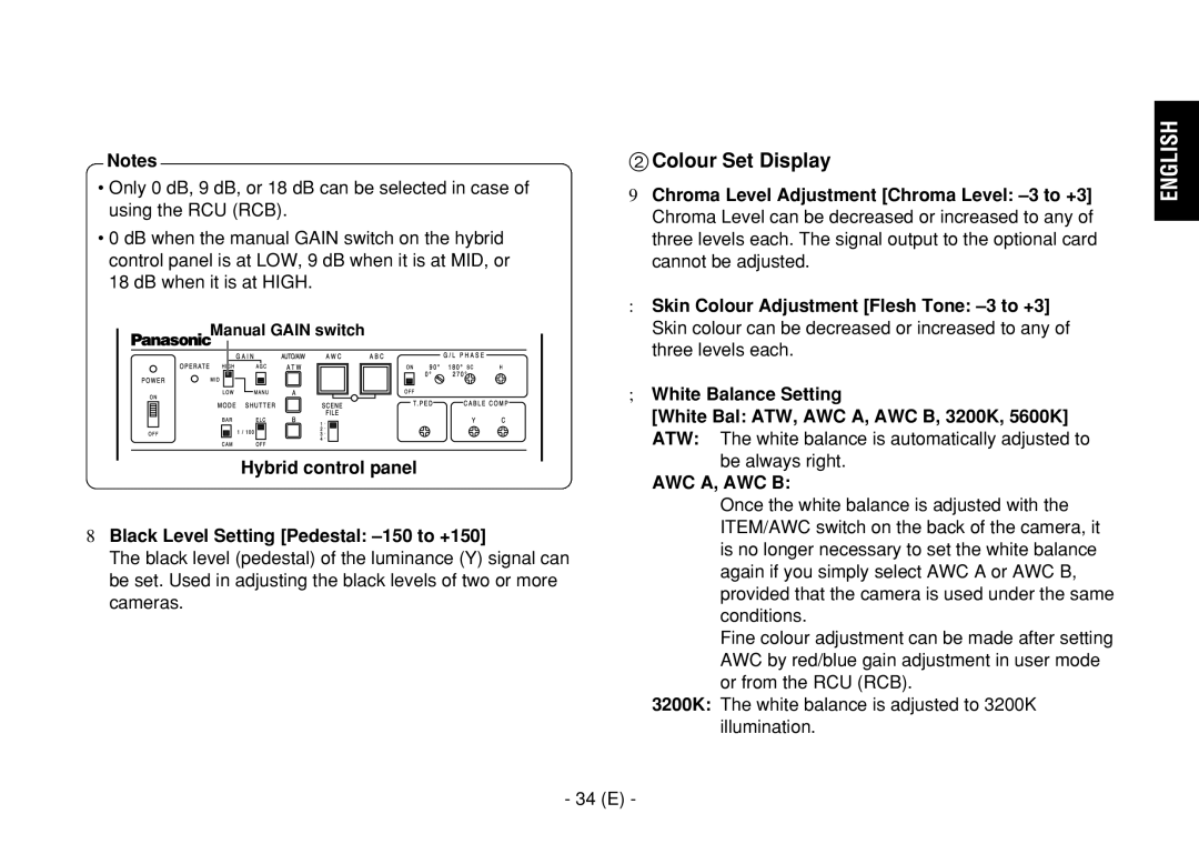 Panasonic AW-E860L manual Colour Set Display, 34 E, Manual Gain switch 