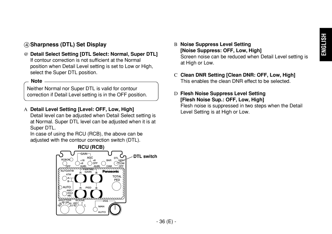 Panasonic AW-E860L manual Sharpness DTL Set Display, Detail Level Setting Level OFF, Low, High, 36 E, DTL switch 