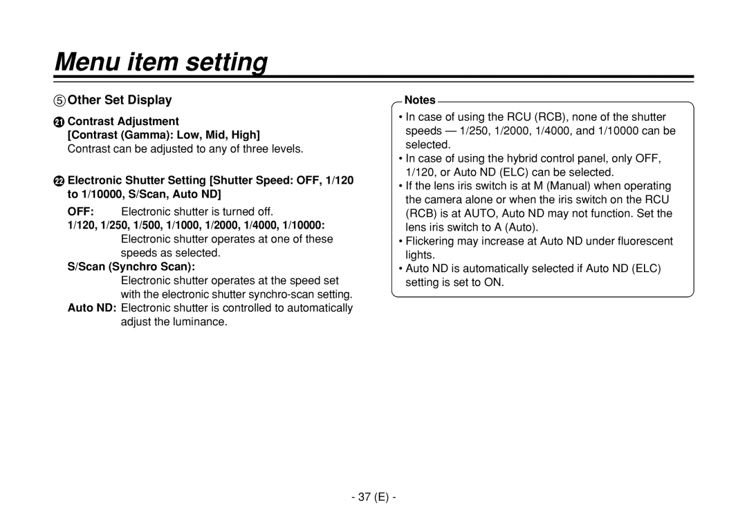 Panasonic AW-E860L manual Other Set Display, OFF Electronic shutter is turned off 