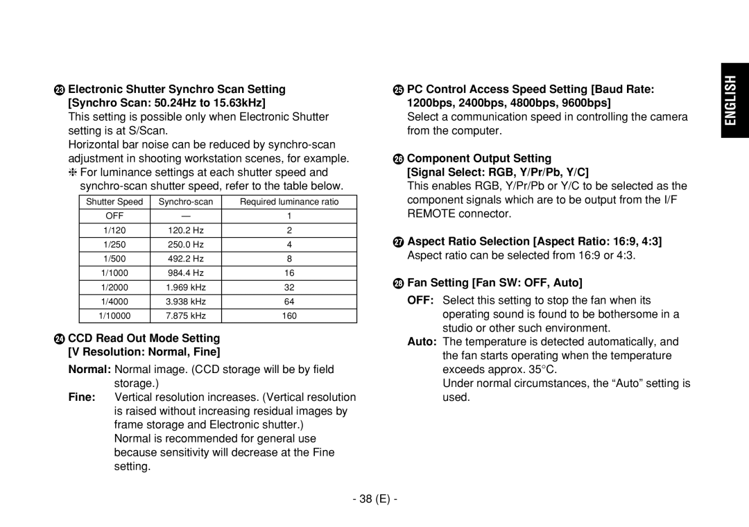 Panasonic AW-E860L manual CCD Read Out Mode Setting V Resolution Normal, Fine, 38 E 