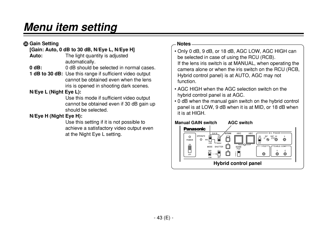 Panasonic AW-E860L manual Gain Setting Gain Auto, 0 dB to 30 dB, N/Eye L, N/Eye H, 43 E, Manual Gain switch AGC switch 